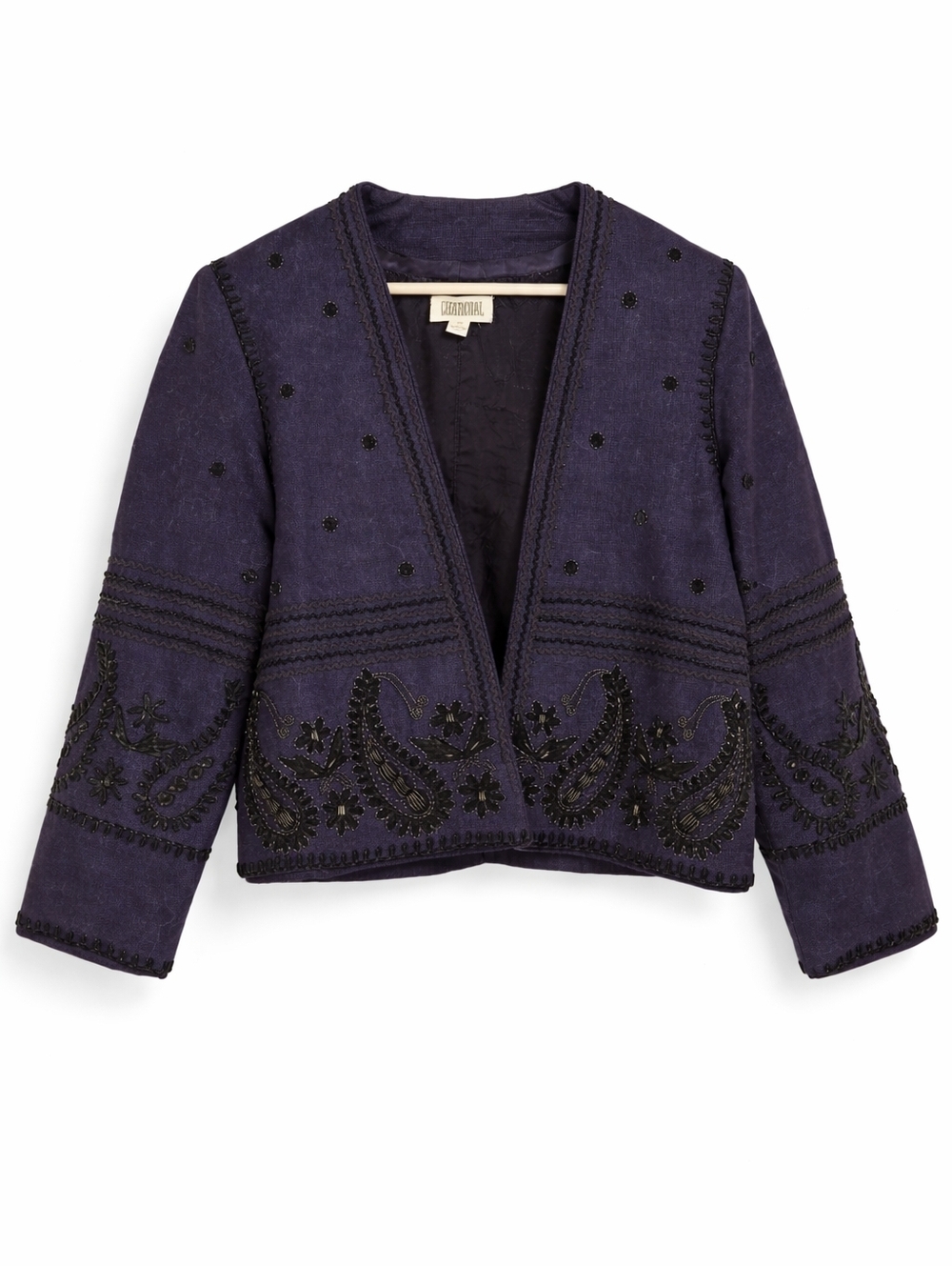 Charcoal Embroidered Beaded Bolero-Style Jacket Navy Blue 100% Cotton Size M